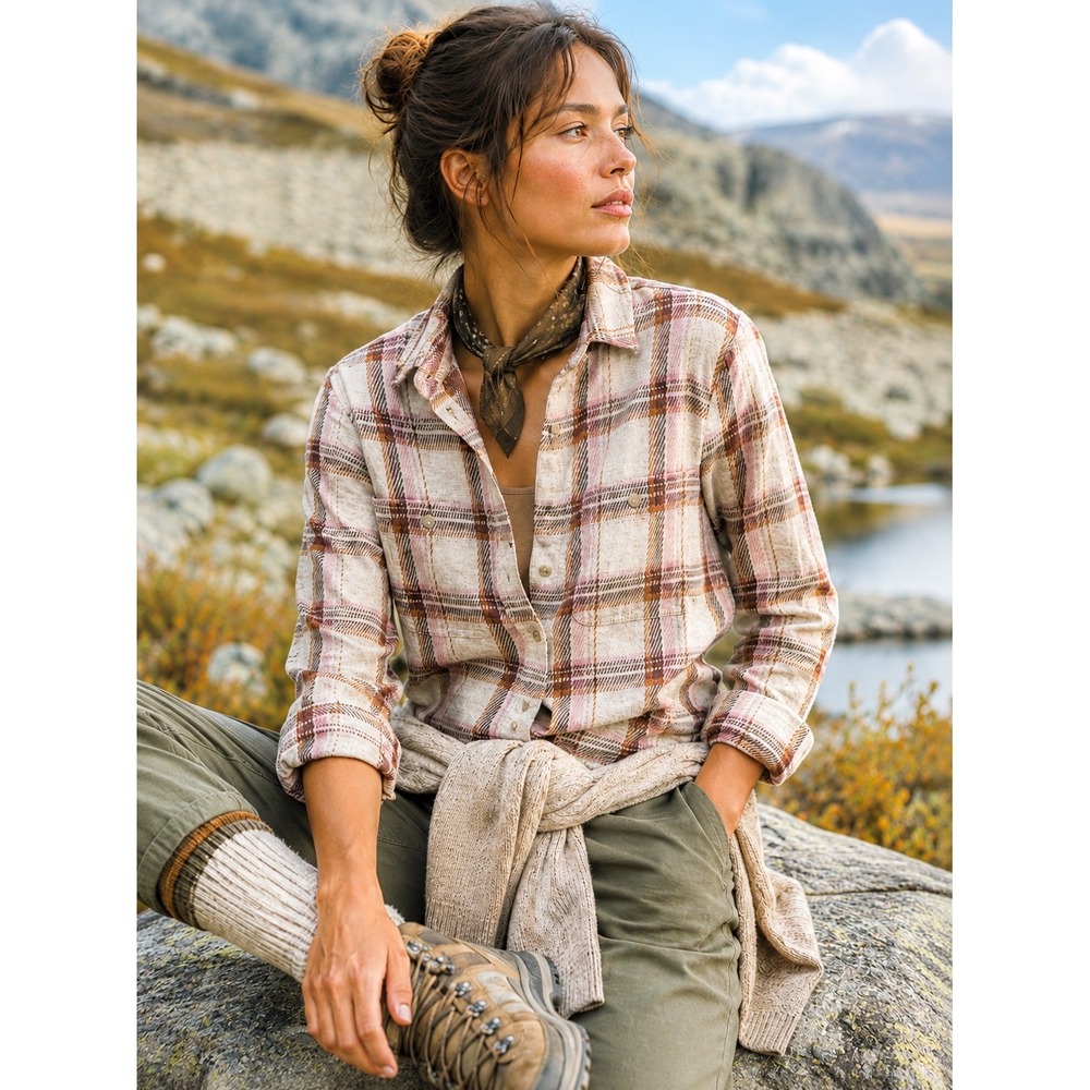 Faherty Legend Shirt Womens Medium $178 Tan Plaid Knit Button Up WKF2314-CYH